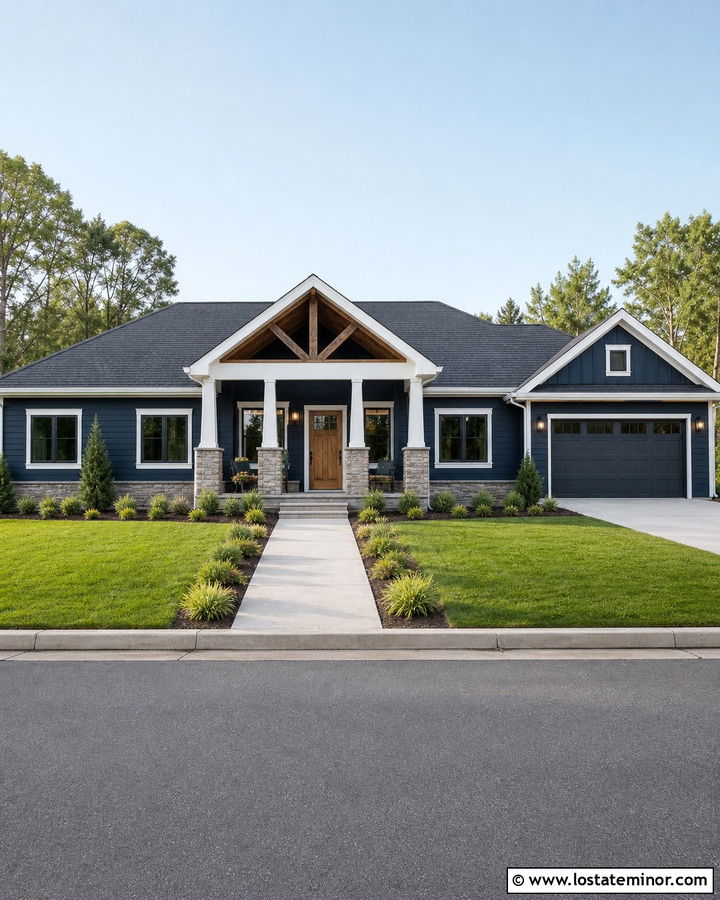 Navy Blue House With Gabled Entry Porch - 30 Navy Blue House Design With Gables Ideas