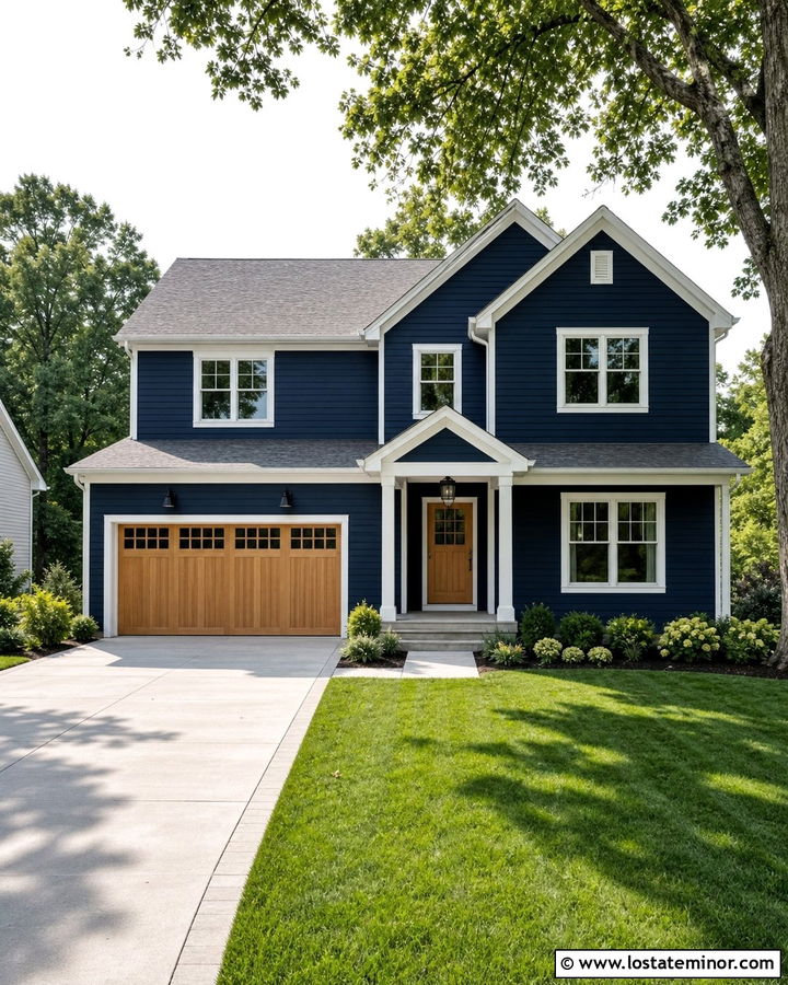Navy Blue House With Garage Door Sconces - 30 Navy Blue House Design With Lighting Ideas
