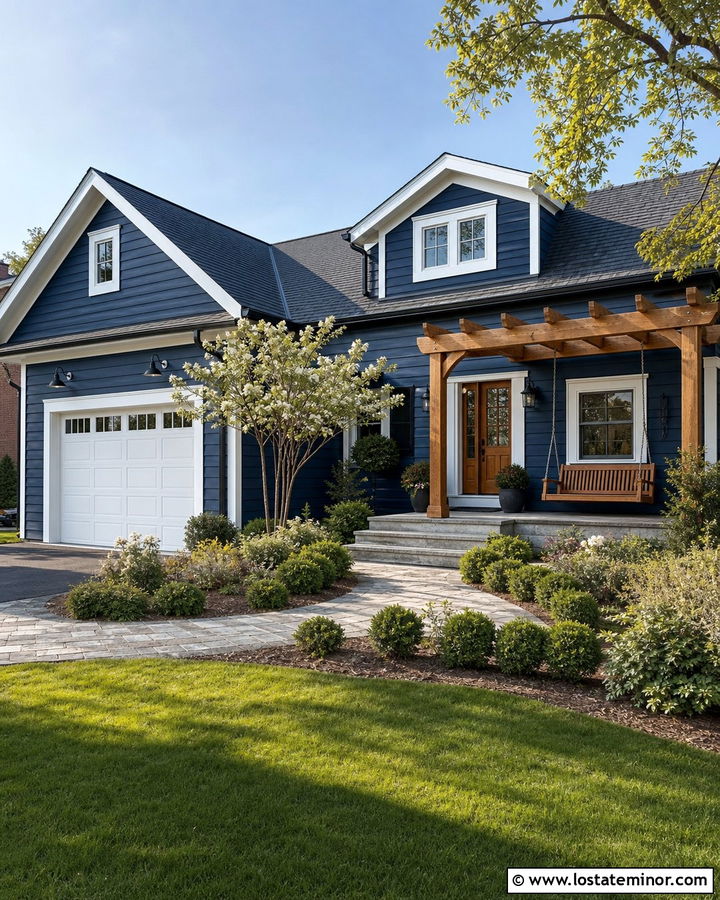 Navy Blue House With Garage Pergola Swing - 30 Navy Blue House Design With Swing Ideas