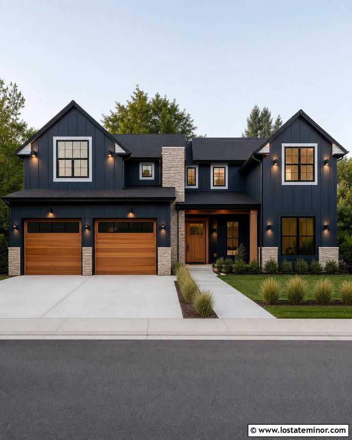 Navy Blue House With Garage Uplights - 30 Navy Blue House Design With Light Fixtures Ideas