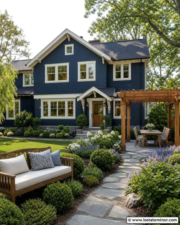 Navy Blue House With Garden Pergola - 30 Navy Blue House Design With Backyard Ideas