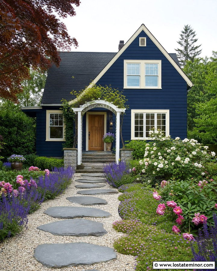 Navy Blue House With Garden Walkway - 30 Navy Blue House Design With Walkway Ideas