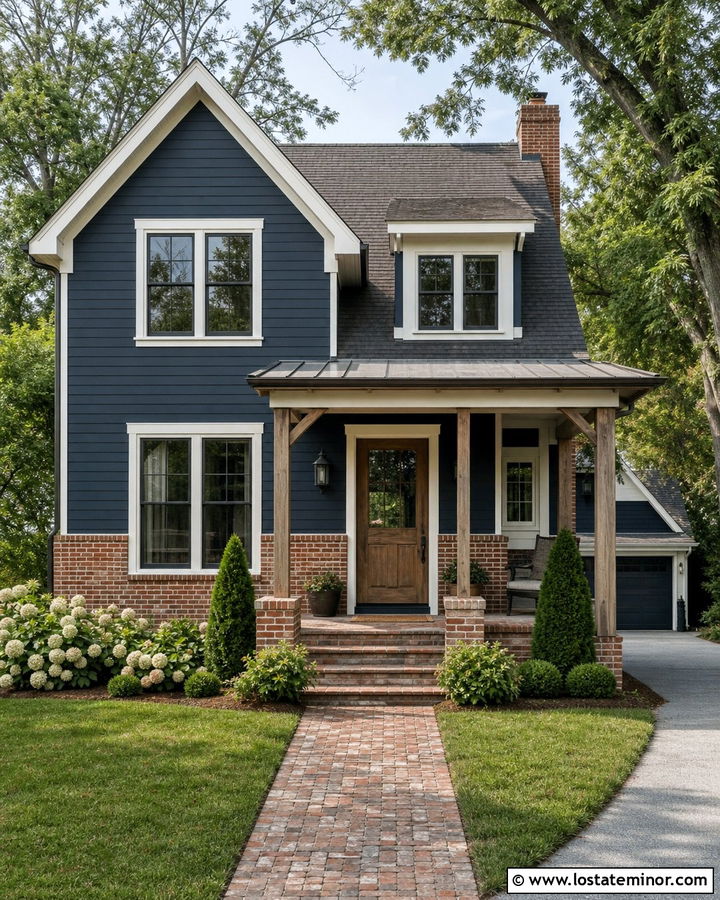 Navy Blue House With German Smear Brick Wainscoting - 30 Navy Blue House Design With Wainscoting Ideas