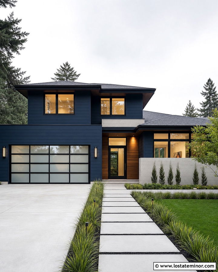 Navy Blue House With Glass Garage Door - 30 Navy Blue House Design With Garage Door Ideas