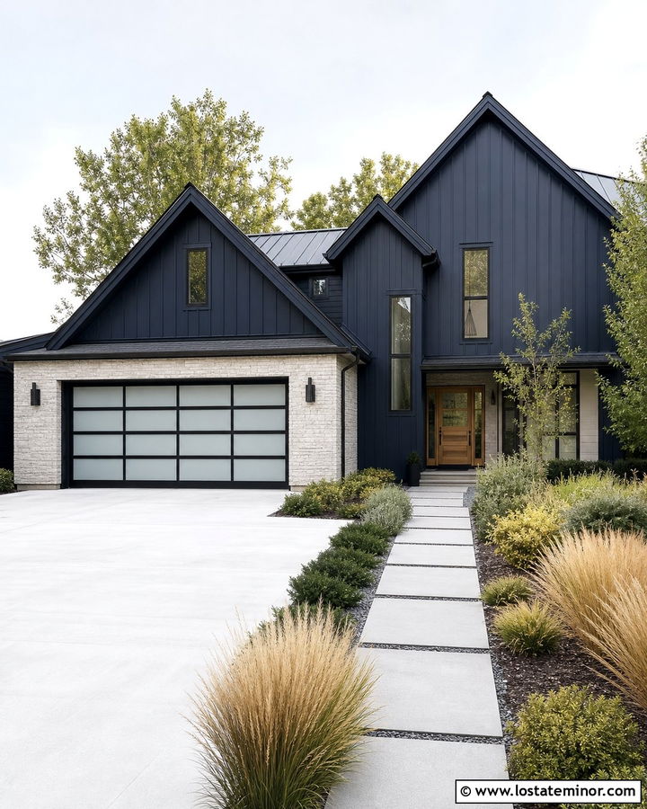 Navy Blue House With Glass Garage Doors And Stone - 30 Navy Blue House Design With Stone Accents Ideas