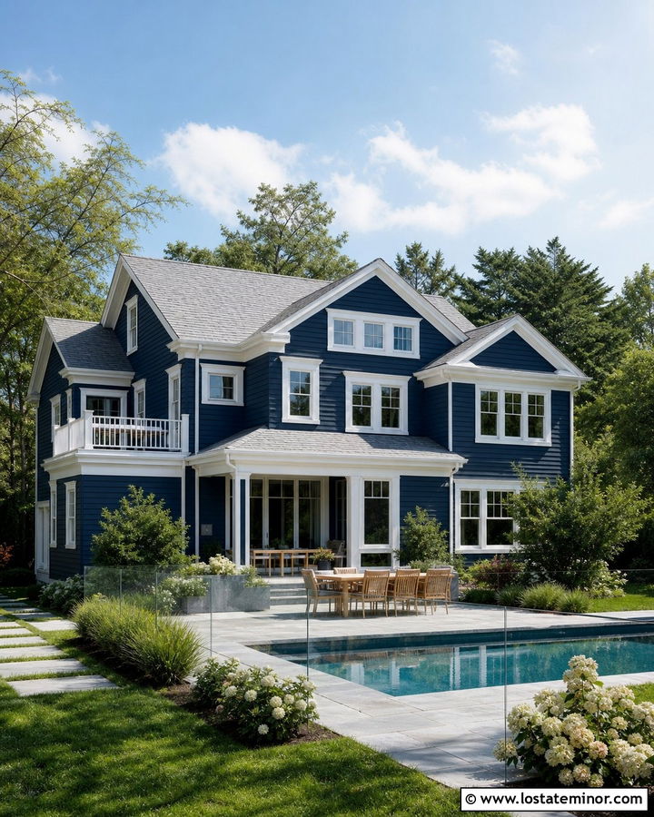 Navy Blue House With Glass Pool Fence - 30 Navy Blue House Design With Swimming Pool Ideas