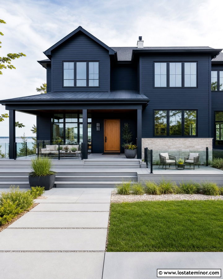 Navy Blue House With Glass Railing Deck - 30 Navy Blue House Design With Deck Ideas