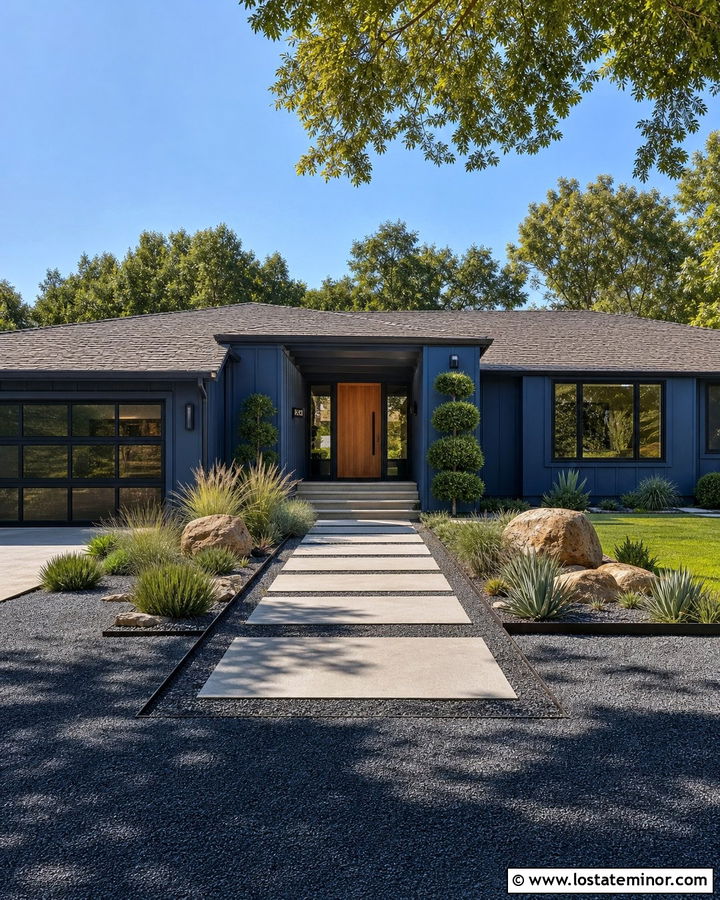 Navy Blue House With Gravel And Paver Walkway - 30 Navy Blue House Design With Walkway Ideas