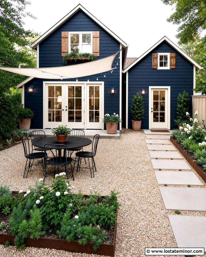 Navy Blue House With Gravel Courtyard - 30 Navy Blue House Design With Backyard Ideas