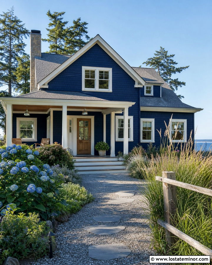 Navy Blue House With Gravel Walkway - 30 Navy Blue House Design With Walkway Ideas