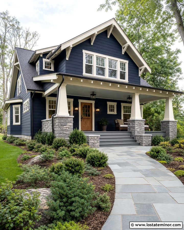 Navy Blue House With Gray Beadboard Porch Ceiling - 30 Navy Blue House Design With Porch Ceiling Ideas