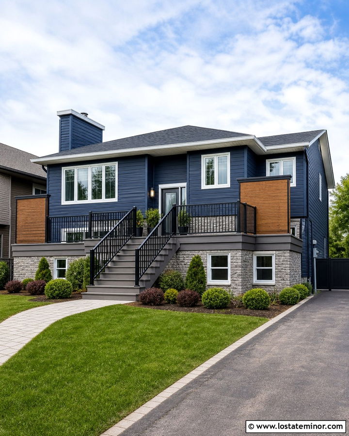 Navy Blue House With Gray Composite Deck - 30 Navy Blue House Design With Deck Ideas