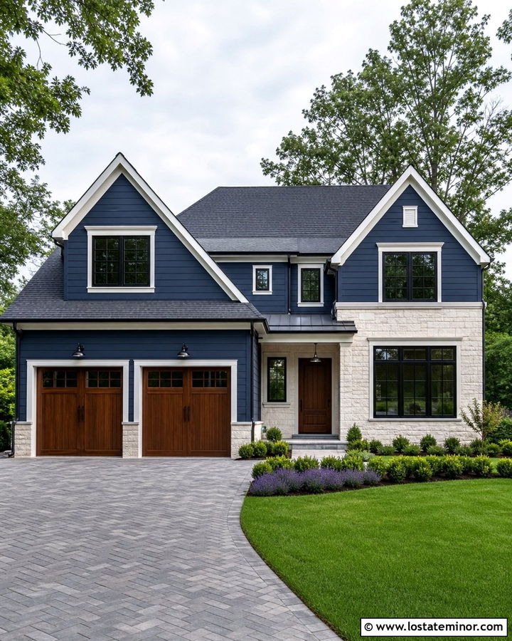 Navy Blue House With Gray Paver Driveway - 30 Navy Blue House Design With Driveway Ideas