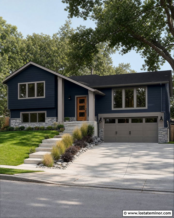 Navy Blue House With Gray Porch Columns - 30 Navy Blue House Design With Porch Columns Ideas