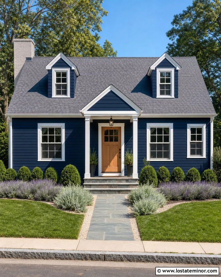 Navy Blue House With Gray Roof And Lavender Border - 30 Navy Blue House Design With Landscaping Ideas