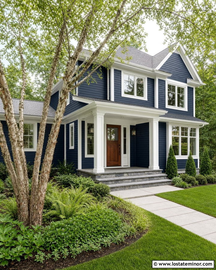 Navy Blue House With Gray Roof And River Birch Tree - 30 Navy Blue House Design With Front Yard Ideas
