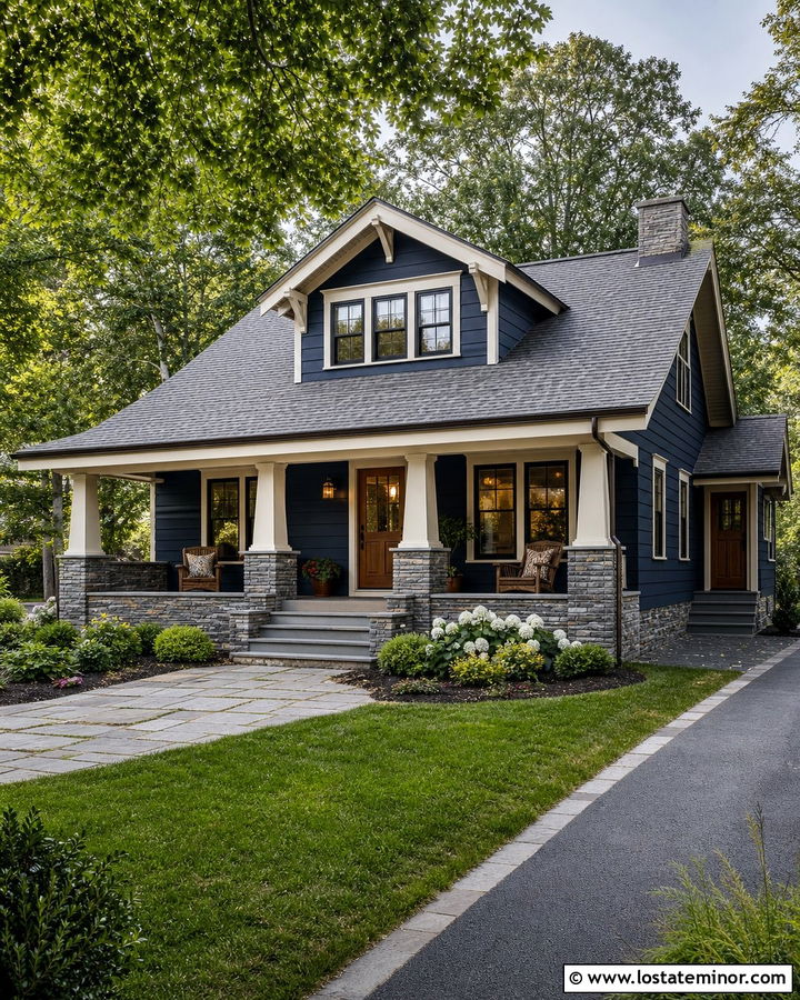 Navy Blue House With Gray Roof And Stone Porch - 30 Navy Blue House Design With Roof Ideas