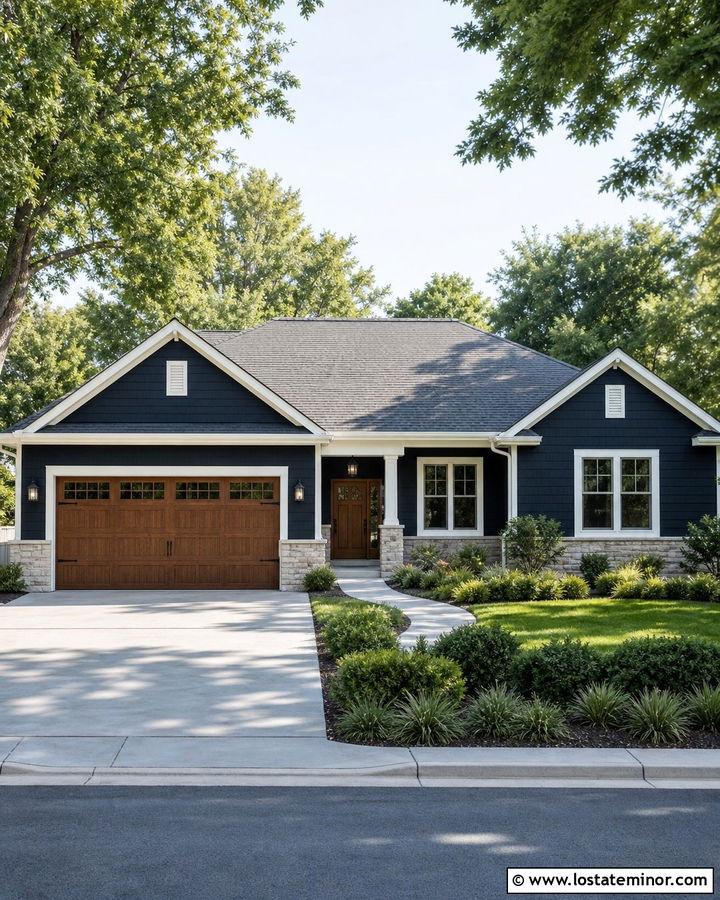 Navy Blue House With Gray Roof And Wood Garage - 30 Navy Blue House Design With Garage Door Ideas