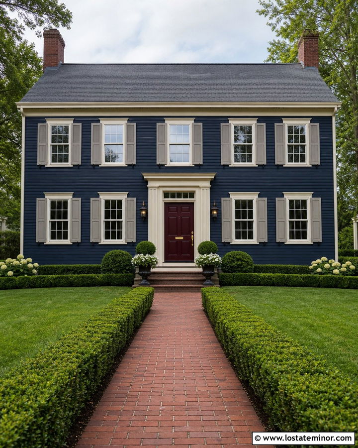 Navy Blue House With Gray Shutters And Burgundy Door - 30 Navy Blue House Design With Accents Ideas