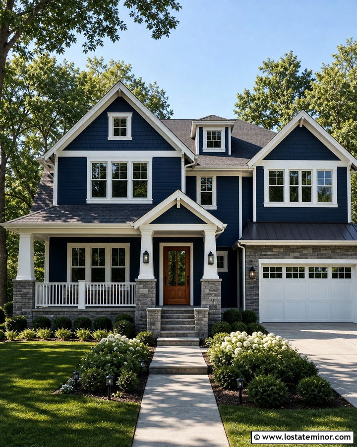 Navy Blue House With Gray Stone And White Railings - 30 Navy Blue House Design With Railings Ideas