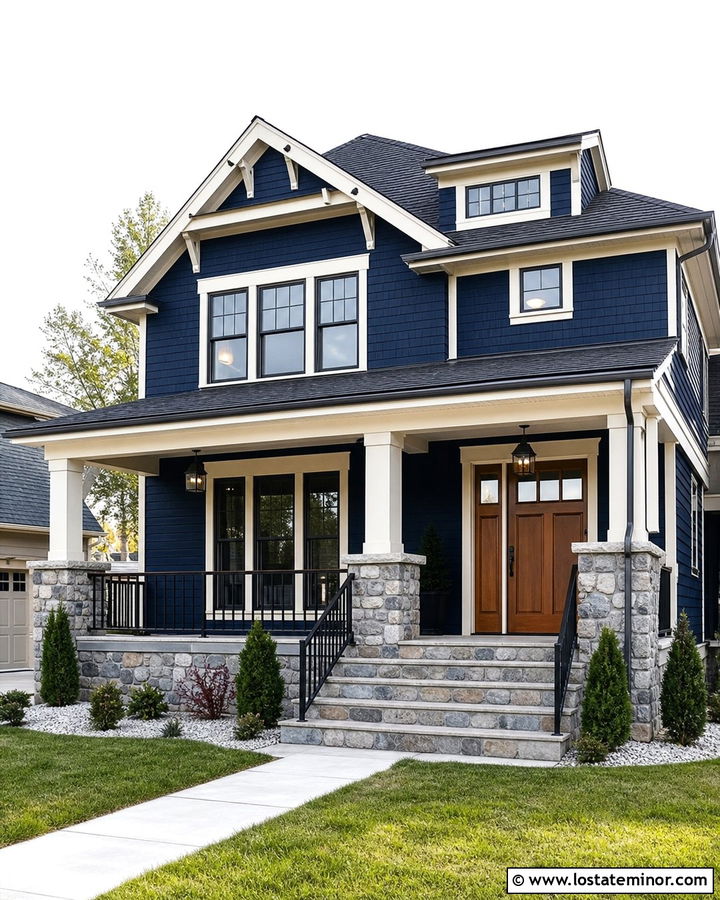Navy Blue House With Gray Stone Porch - 30 Navy Blue House Design With Front Porch Ideas