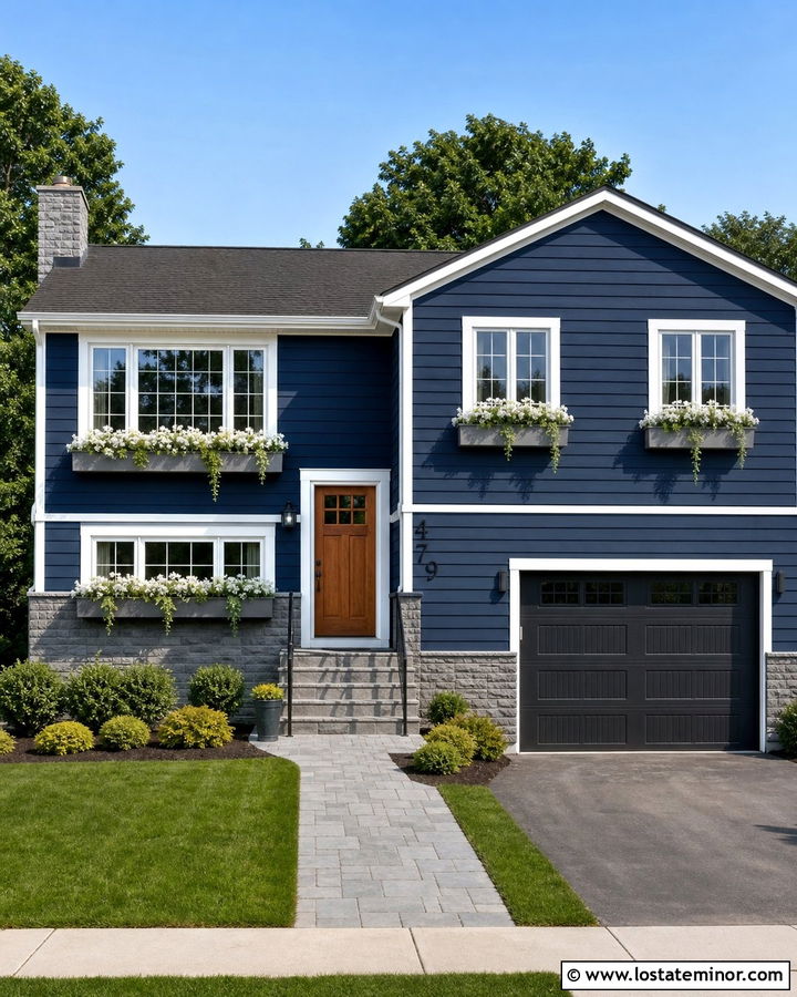 Navy Blue House With Gray Window Boxes - 30 Navy Blue House Design With Window Boxes Ideas