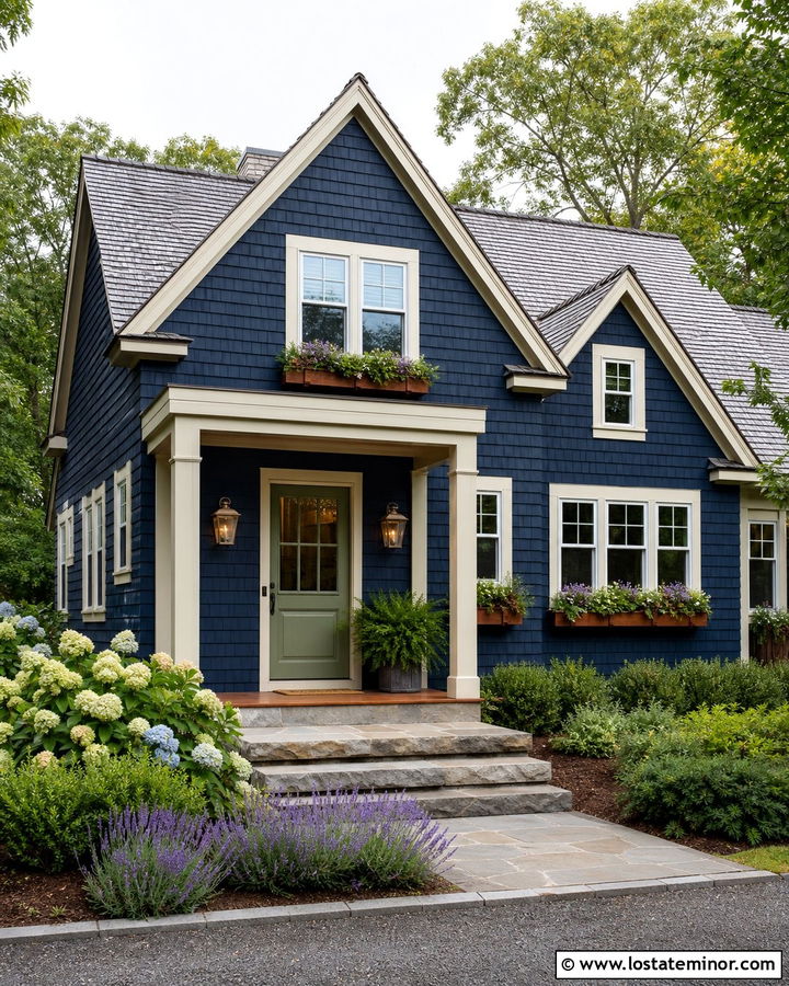 Navy Blue House With Green Door And Brass Lights - 30 Navy Blue House Design With Light Fixtures Ideas
