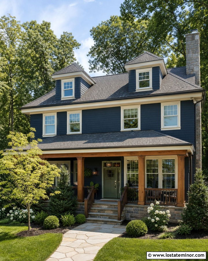 Navy Blue House With Green Door And Dormers - 30 Navy Blue House Design With Dormers Ideas