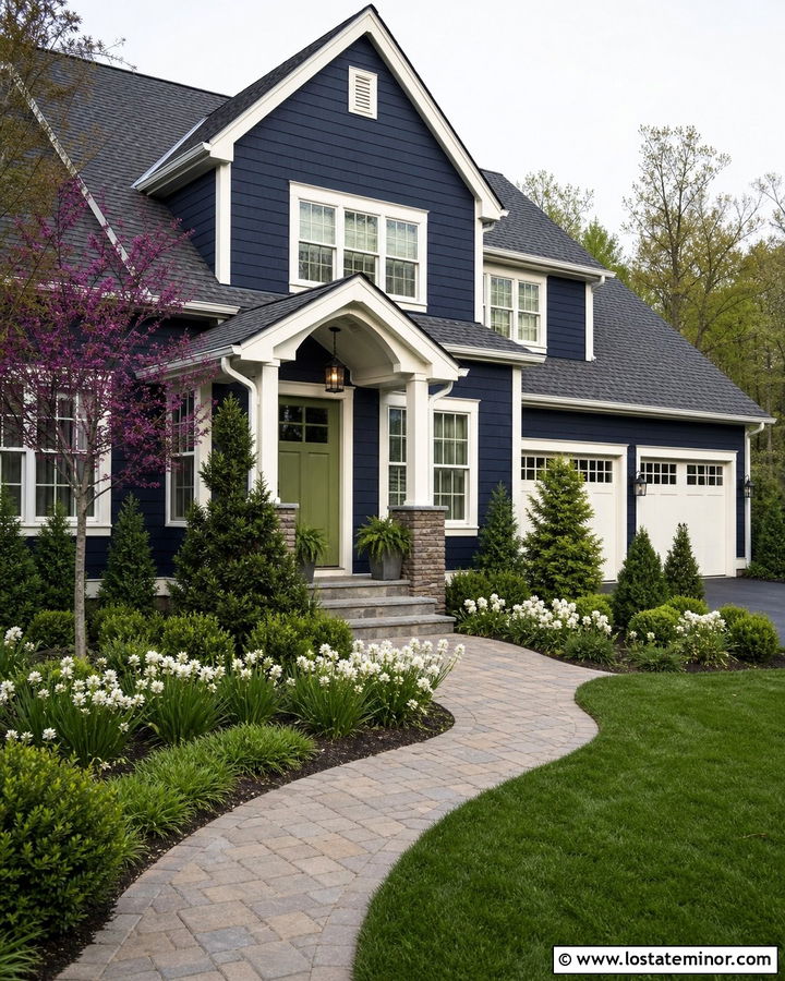 Navy Blue House With Green Door And Layered Shrubs - 30 Navy Blue House Design With Landscaping Ideas