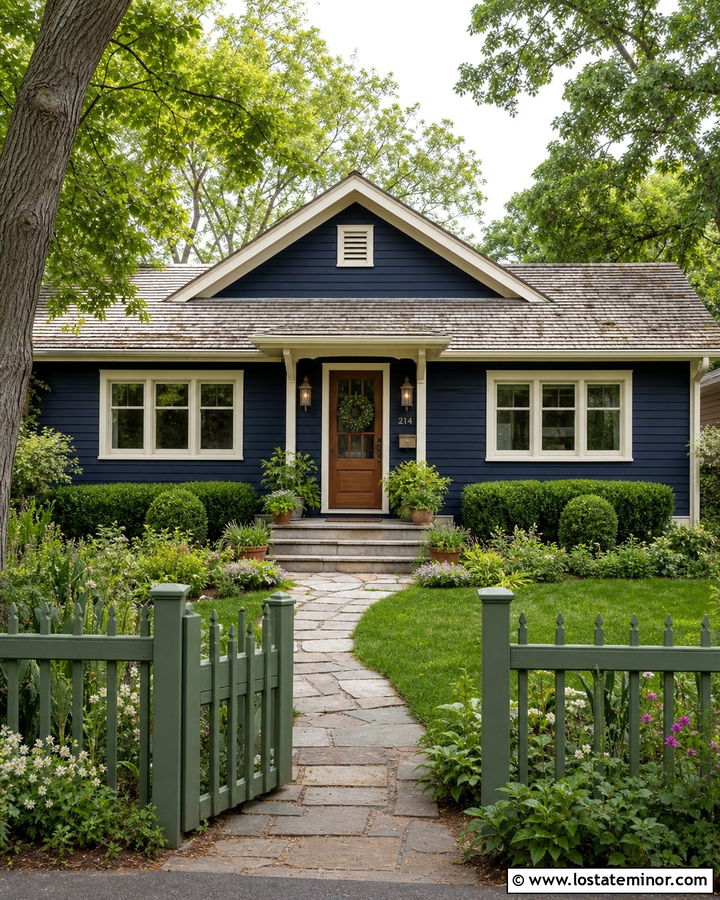 Navy Blue House With Green Garden Fence - 30 Navy Blue House Design With Fence Ideas