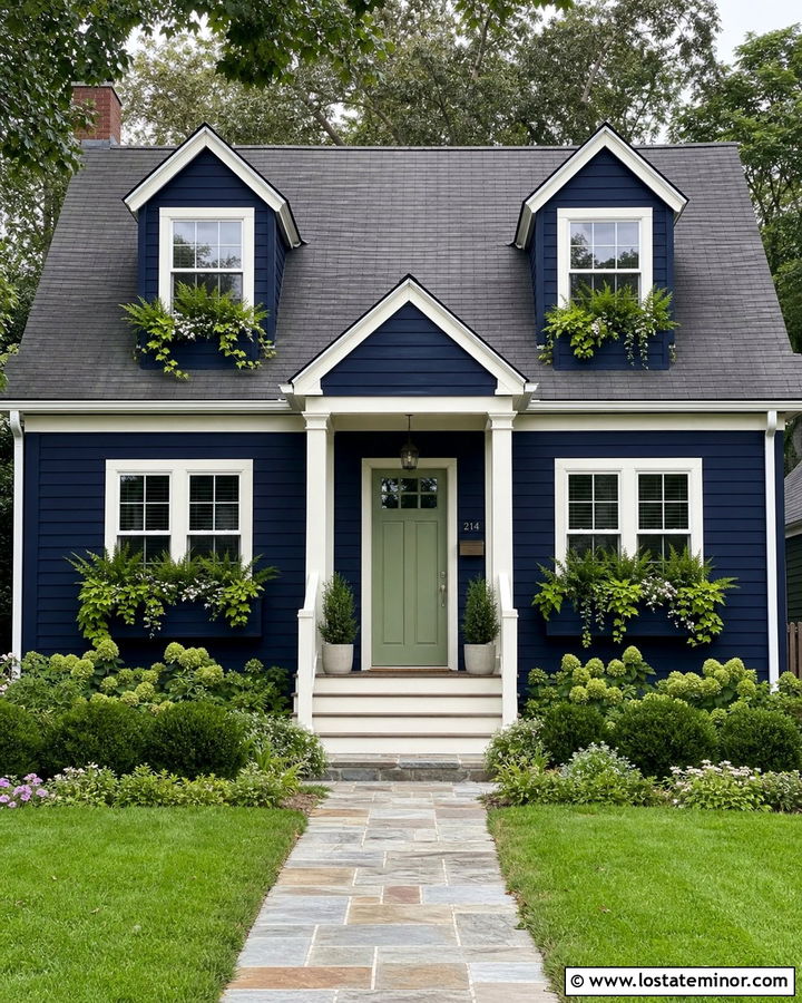 Navy Blue House With Green Window Box Plants - 30 Navy Blue House Design With Window Boxes Ideas