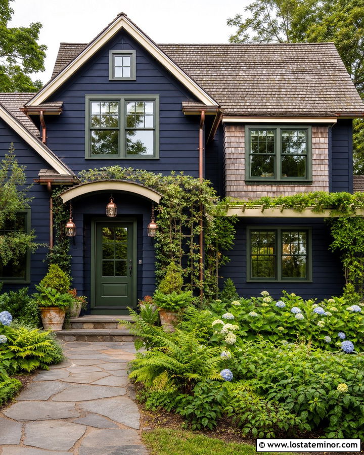 Navy Blue House With Green Window Frames - 30 Navy Blue House Design With Window Frames Ideas