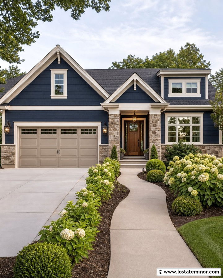 Navy Blue House With Greige Garage Door - 30 Navy Blue House Design With Garage Door Ideas