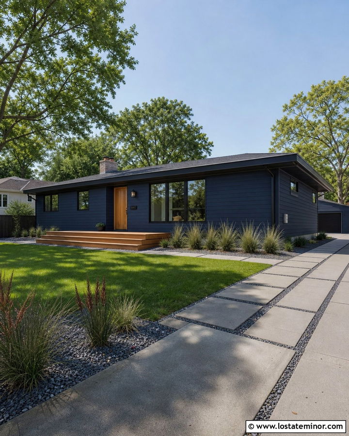 Navy Blue House With Ground Level Deck - 30 Navy Blue House Design With Deck Ideas