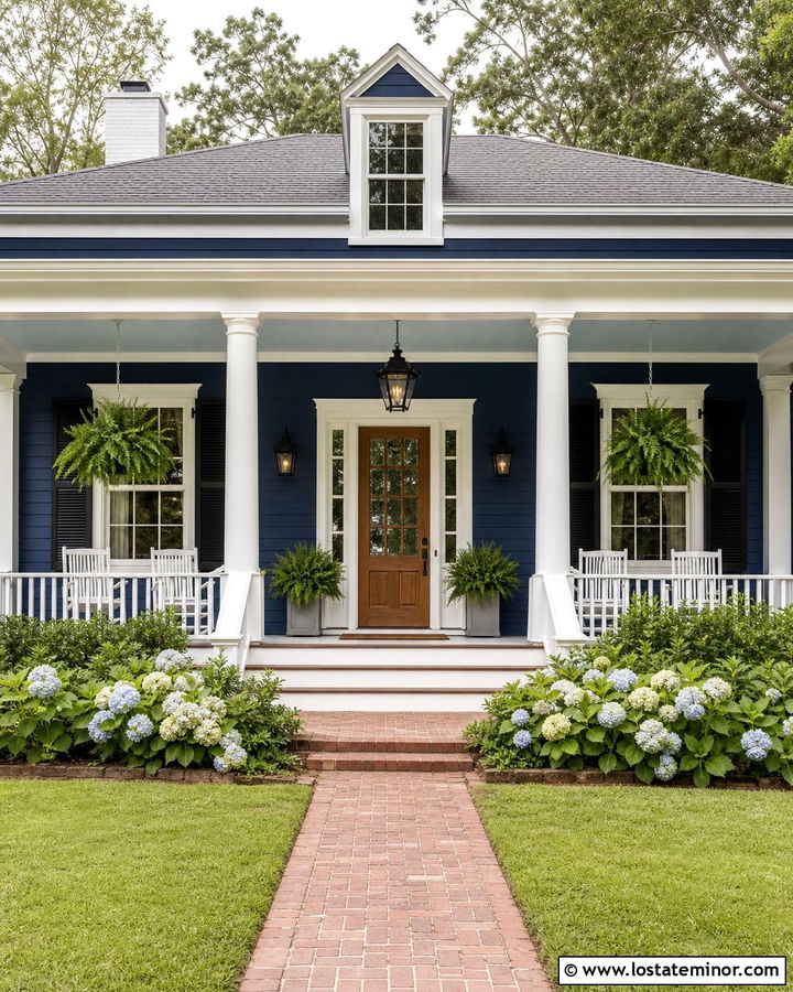 Navy Blue House With Hanging Porch Pendant - 30 Navy Blue House Design With Lighting Ideas