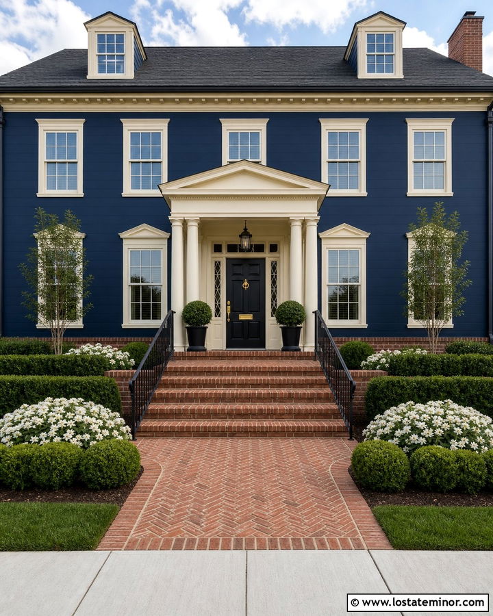 Navy Blue House With Herringbone Brick Steps - 30 Navy Blue House Design With Steps Ideas