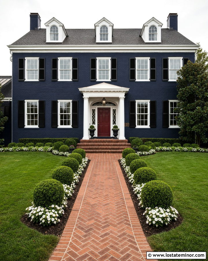 Navy Blue House With Herringbone Brick Walkway - 30 Navy Blue House Design With Walkway Ideas