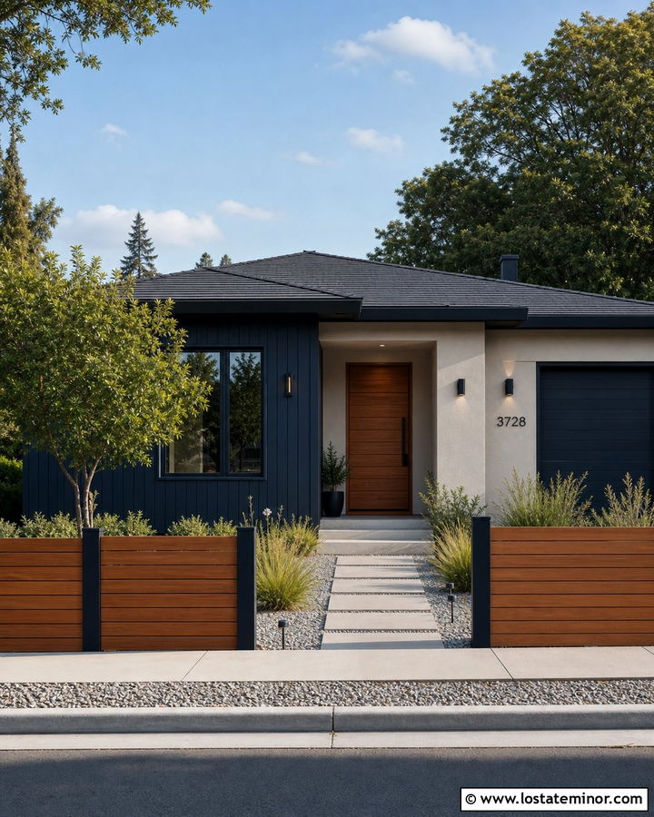 Navy Blue House With Horizontal Composite Fence - 30 Navy Blue House Design With Fence Ideas