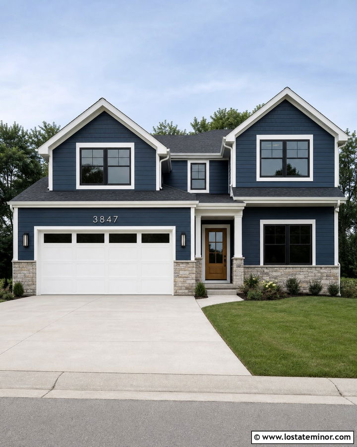 Navy Blue House With House Numbers Above The Garage - 30 Navy Blue House Design With House Numbers Ideas