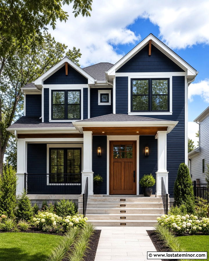 Navy Blue House With Illuminated Front Steps - 30 Navy Blue House Design With Steps Ideas