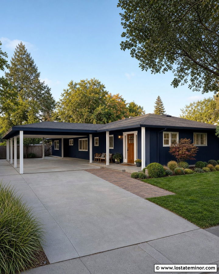 Navy Blue House With L Shaped Carport - 30 Navy Blue House Design With Carport Ideas