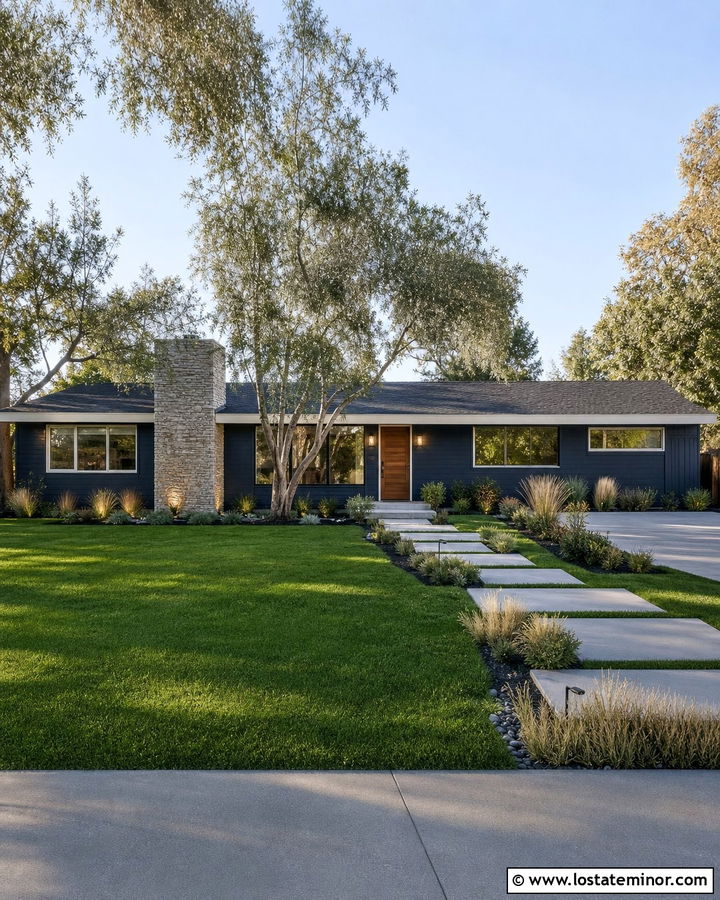 Navy Blue House With Landscape Uplighting - 30 Navy Blue House Design With Lighting Ideas
