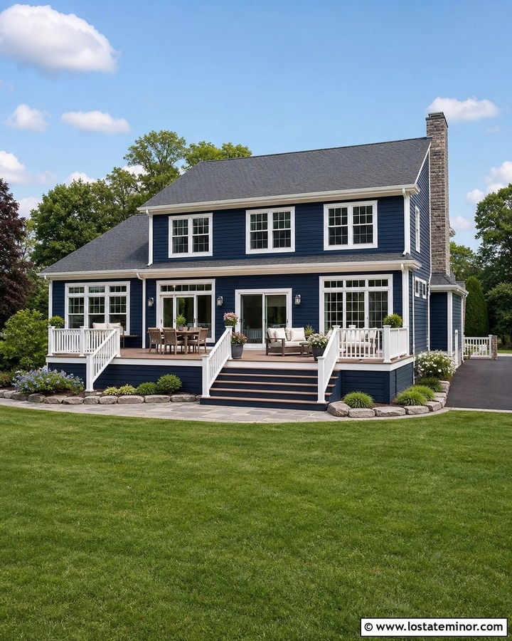 Navy Blue House With Large Back Deck - 30 Navy Blue House Design With Deck Ideas