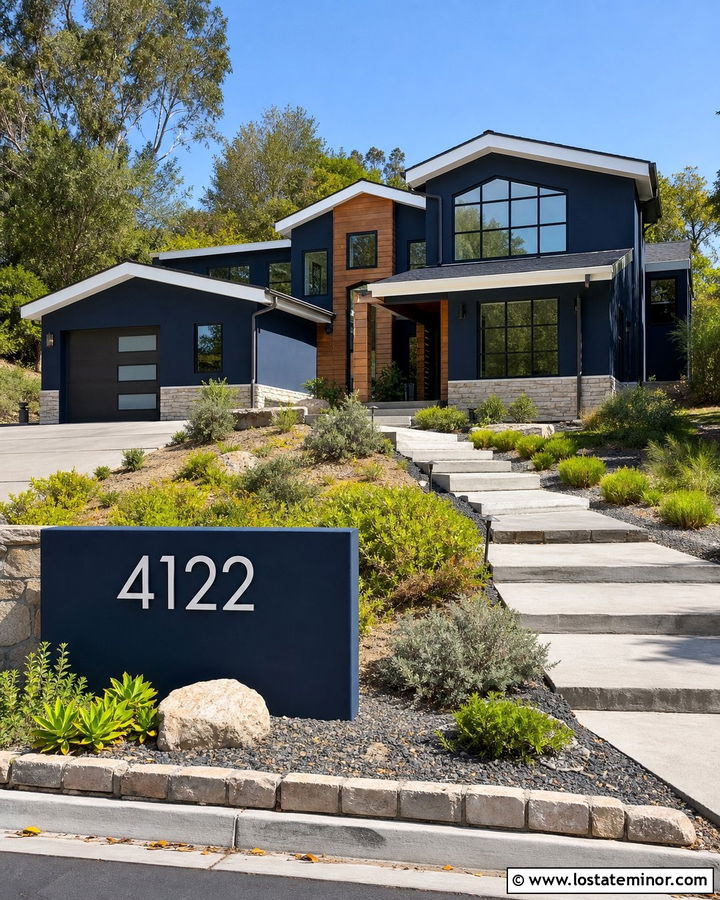 Navy Blue House With Large Curbside House Numbers - 30 Navy Blue House Design With House Numbers Ideas