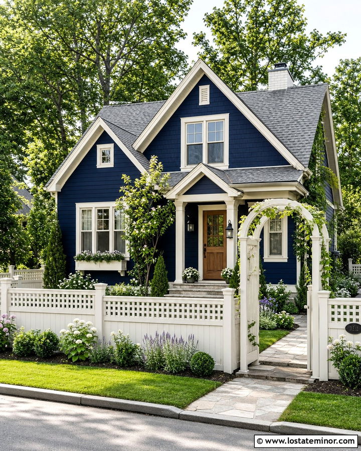 Navy Blue House With Lattice Top Fence - 30 Navy Blue House Design With Fence Ideas