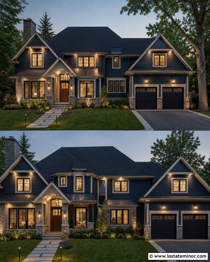 Navy Blue House With Layered Exterior Lighting - 30 Navy Blue House Design With Lighting Ideas