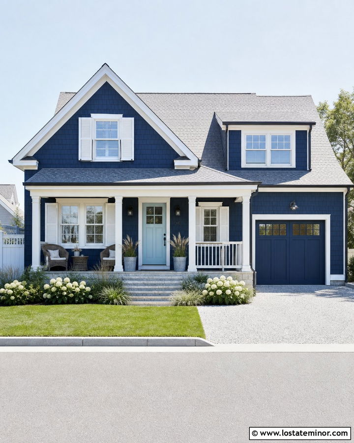Navy Blue House With Light Blue Door And White Shutters - 30 Navy Blue House Design With Accents Ideas