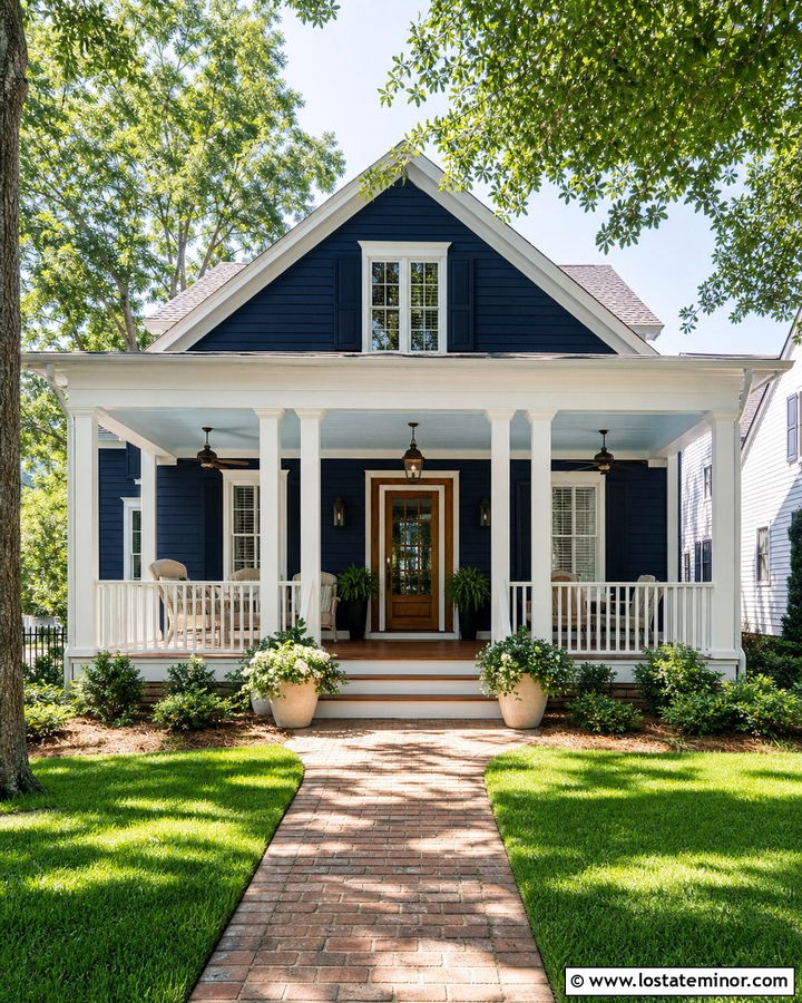 Navy Blue House With Light Blue Porch Ceiling - 30 Navy Blue House Design With Front Porch Ideas
