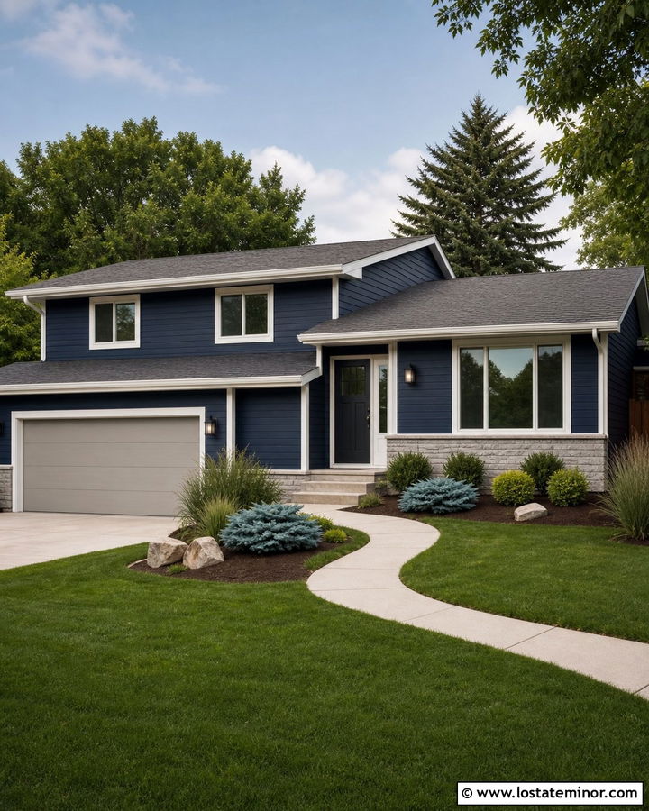 Navy Blue House With Light Gray Garage Door - 30 Navy Blue House Design With Garage Door Ideas