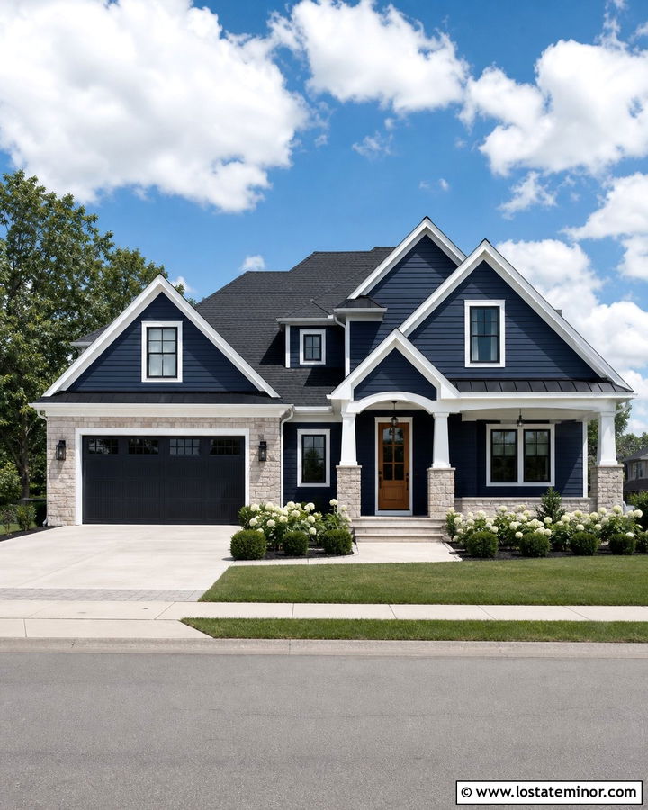 Navy Blue House With Light Stone Accents - 30 Stone House Design With Stone Accents Ideas